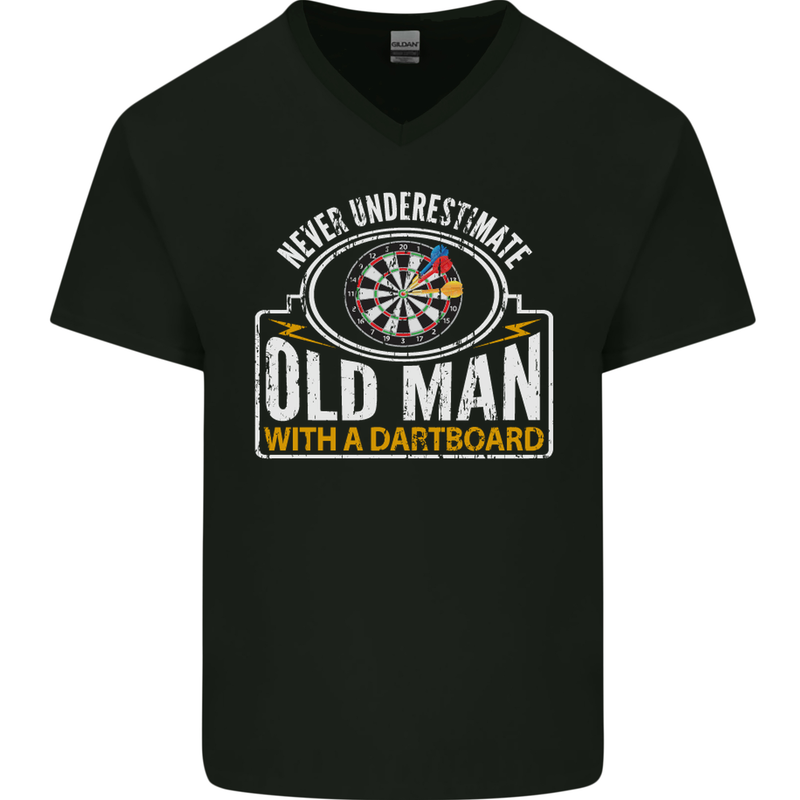 An Old Man With a Dart Board Funny Player Mens V-Neck Cotton T-Shirt Black