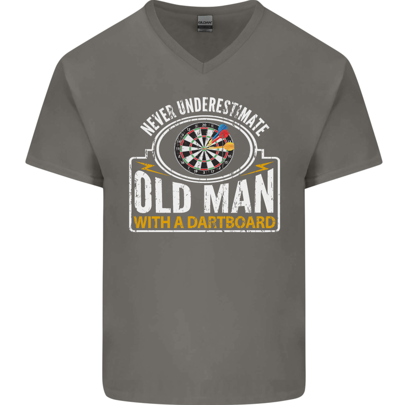 An Old Man With a Dart Board Funny Player Mens V-Neck Cotton T-Shirt Charcoal