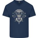 Ancient Mayan Aztec Tiger Art Tattoo Tribal Mens V-Neck Cotton T-Shirt Navy Blue