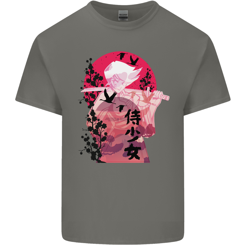 Anime Samurai Woman With Sword Mens Cotton T-Shirt Tee Top Charcoal
