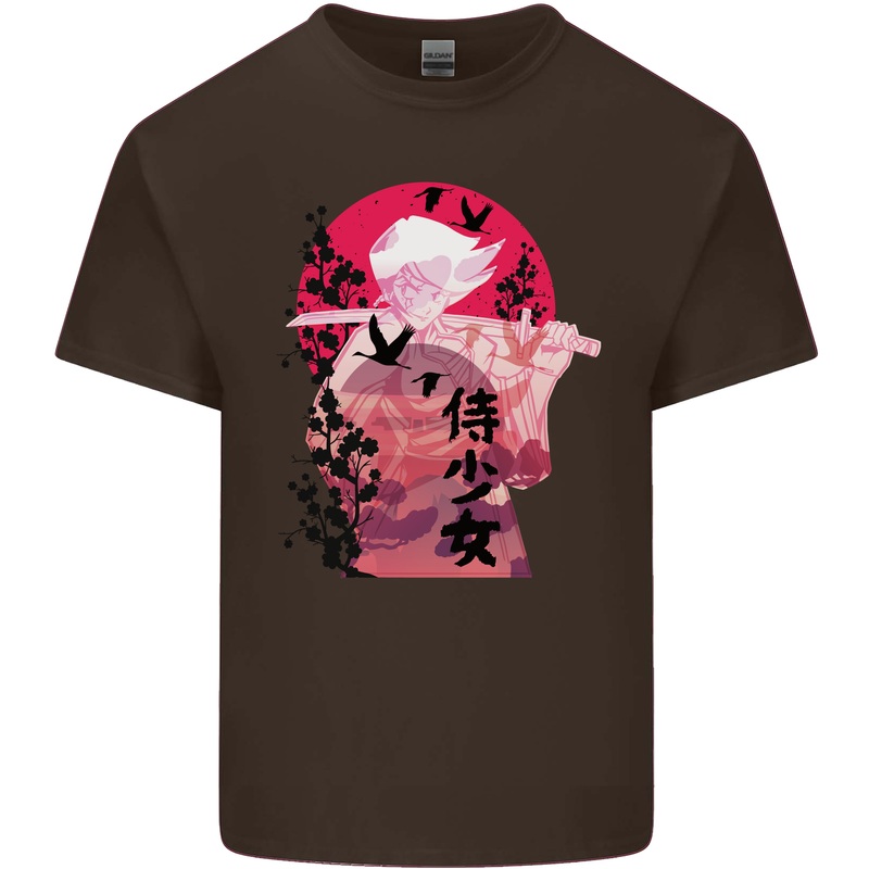 Anime Samurai Woman With Sword Mens Cotton T-Shirt Tee Top Dark Chocolate