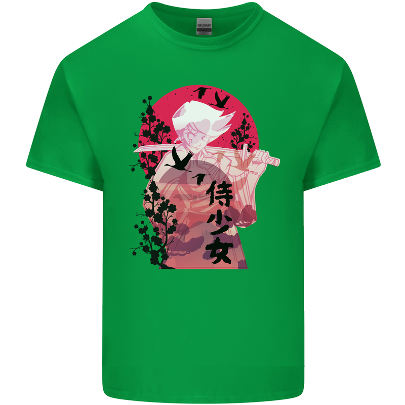 Anime Samurai Woman With Sword Mens Cotton T-Shirt Tee Top Irish Green