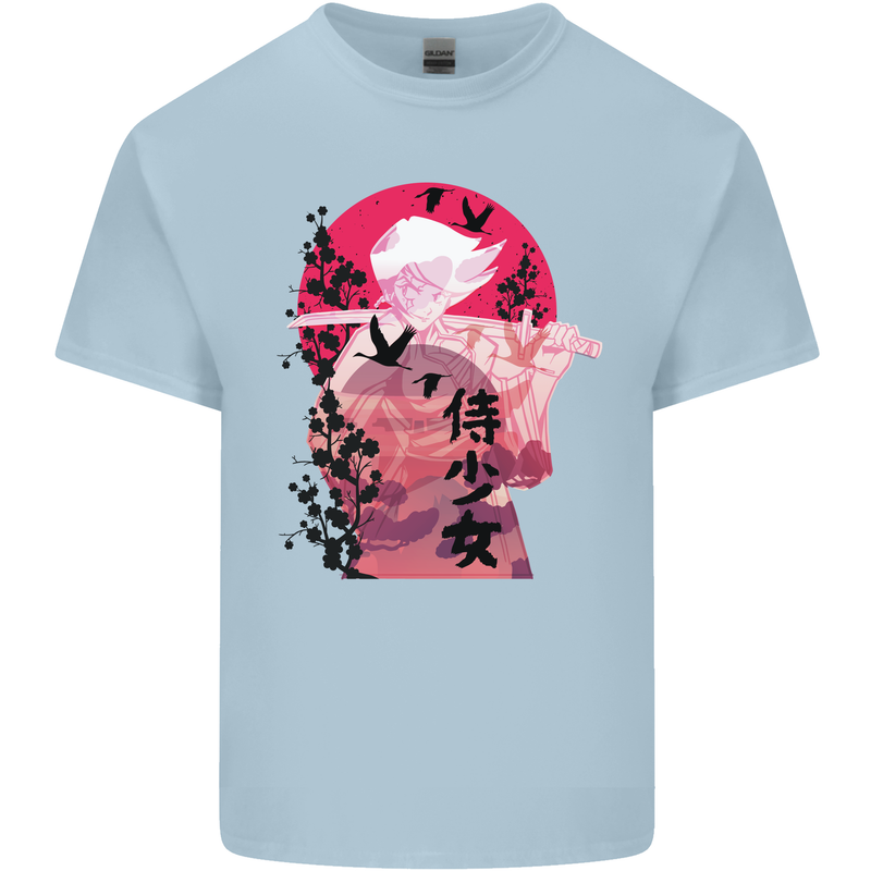 Anime Samurai Woman With Sword Mens Cotton T-Shirt Tee Top Light Blue