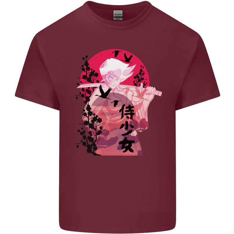 Anime Samurai Woman With Sword Mens Cotton T-Shirt Tee Top Maroon