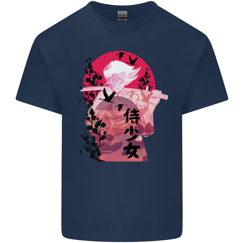Anime Samurai Woman With Sword Mens Cotton T-Shirt Tee Top Navy Blue