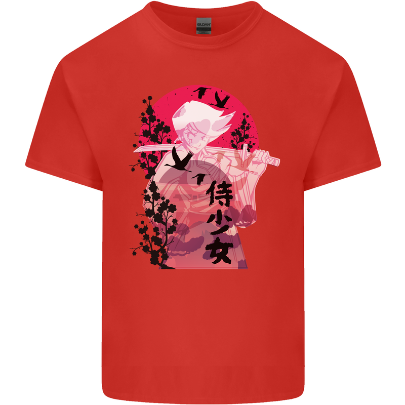 Anime Samurai Woman With Sword Mens Cotton T-Shirt Tee Top Red