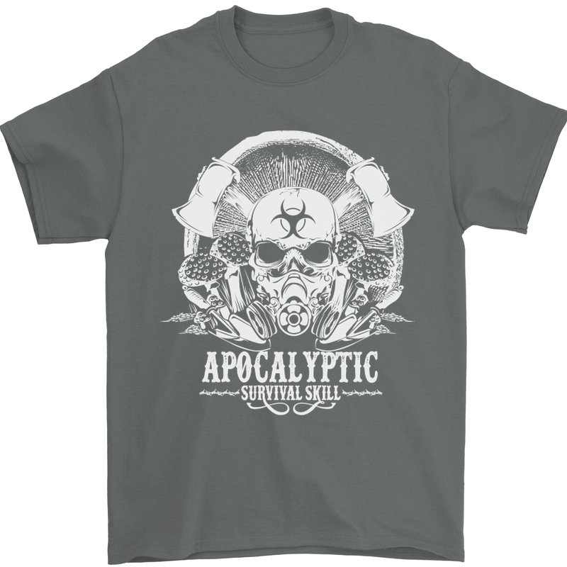 Apocalyptic Survival Skill Skull Gaming Mens T-Shirt Cotton Gildan Charcoal