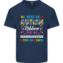 Autism Ribbon For My Granddaughter Autistic Mens V-Neck Cotton T-Shirt Navy Blue
