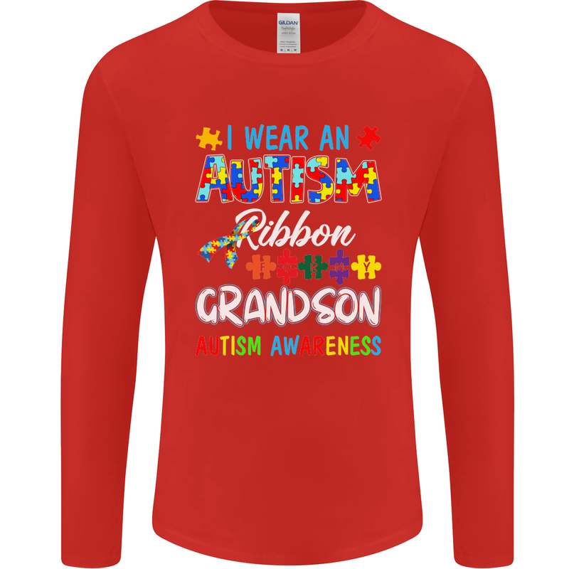 Autism Ribbon For My Grandson Autistic ASD Mens Long Sleeve T-Shirt Red