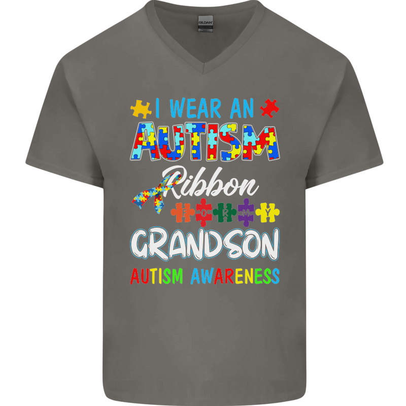 Autism Ribbon For My Grandson Autistic ASD Mens V-Neck Cotton T-Shirt Charcoal