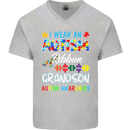 Autism Ribbon For My Grandson Autistic ASD Mens V-Neck Cotton T-Shirt Sports Grey