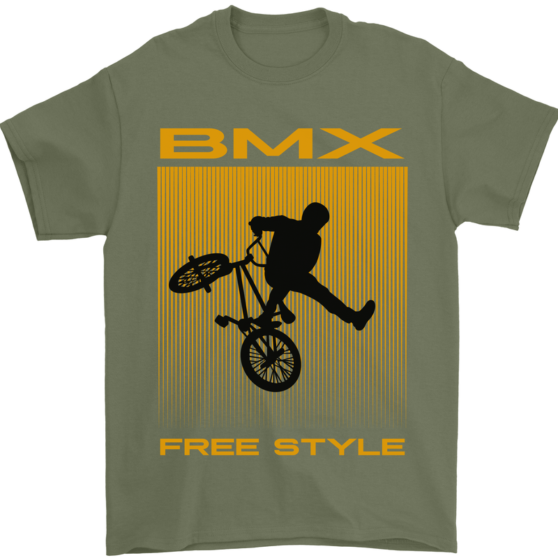 BMX Freestyle Cycling Bicycle Bike Mens T-Shirt Cotton Gildan Military Green