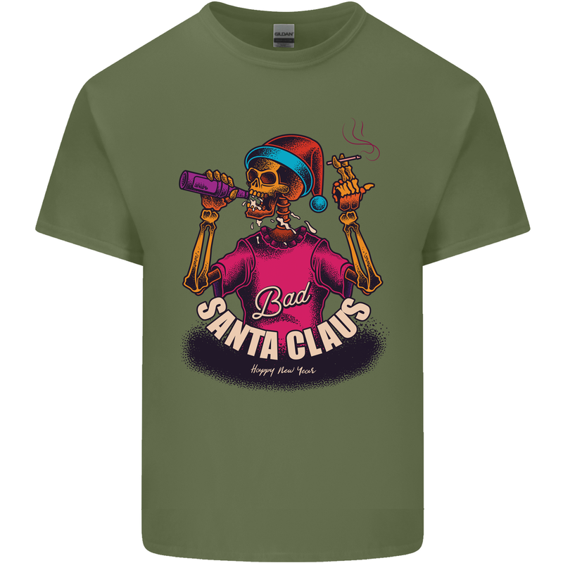Bad Santa Claus Funny Skull Beer Alcohol Mens Cotton T-Shirt Tee Top Military Green