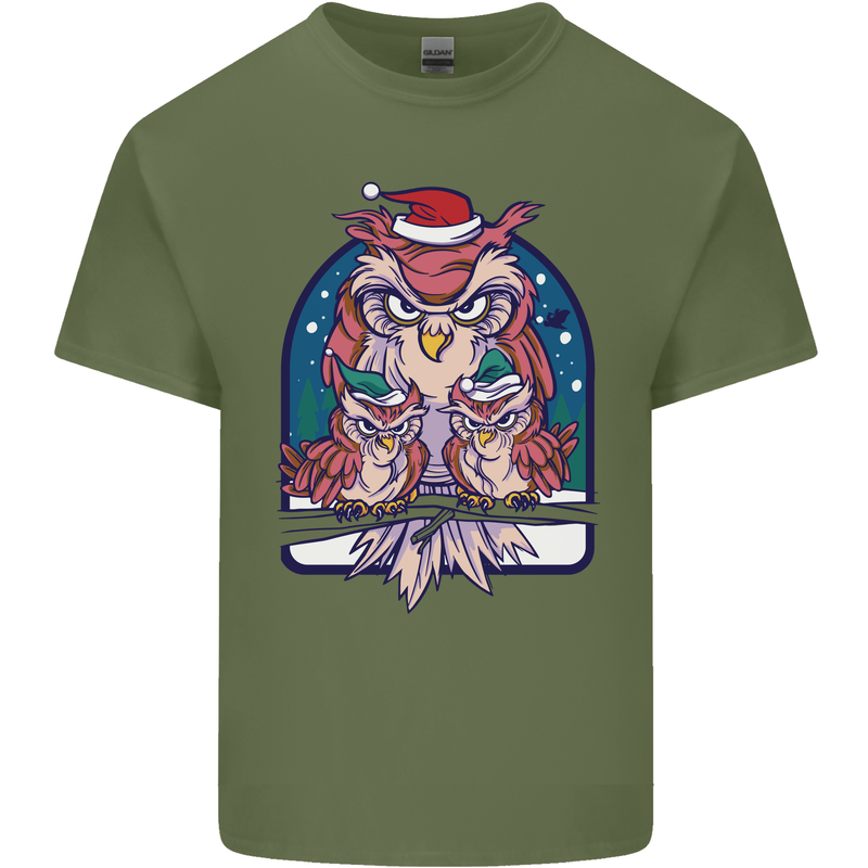 Bah Humbug Grumpy Christmas Owls Mens Cotton T-Shirt Tee Top Military Green