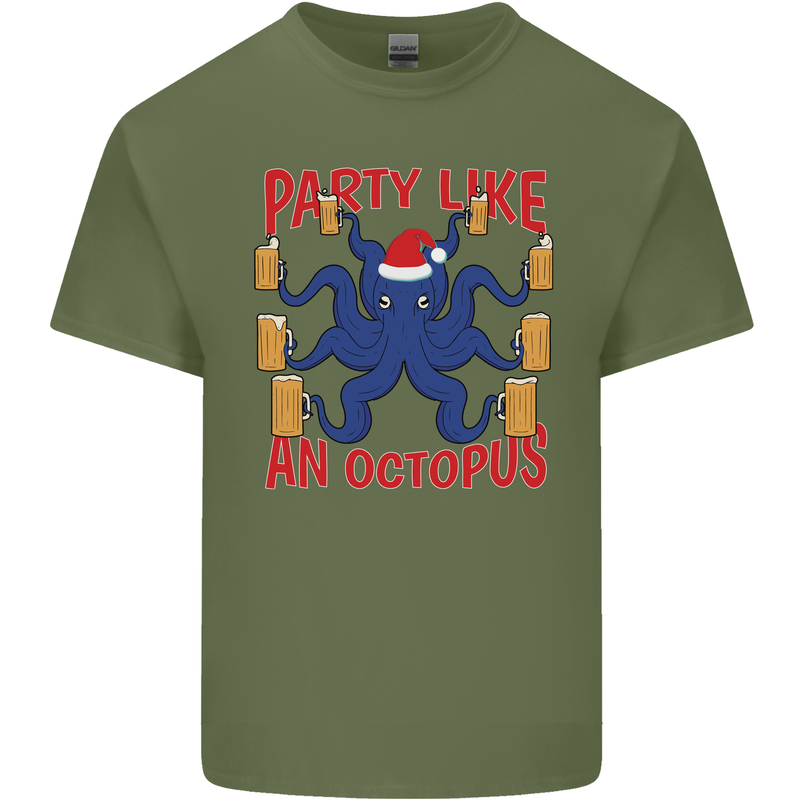 Beer Party Octopus Christmas Scuba Diving Mens Cotton T-Shirt Tee Top Military Green