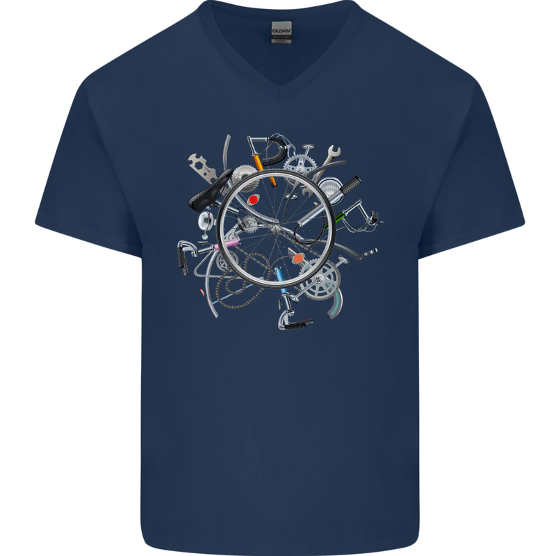 Bicycle Parts Cycling Cyclist Cycle Bicycle Mens V-Neck Cotton T-Shirt Navy Blue