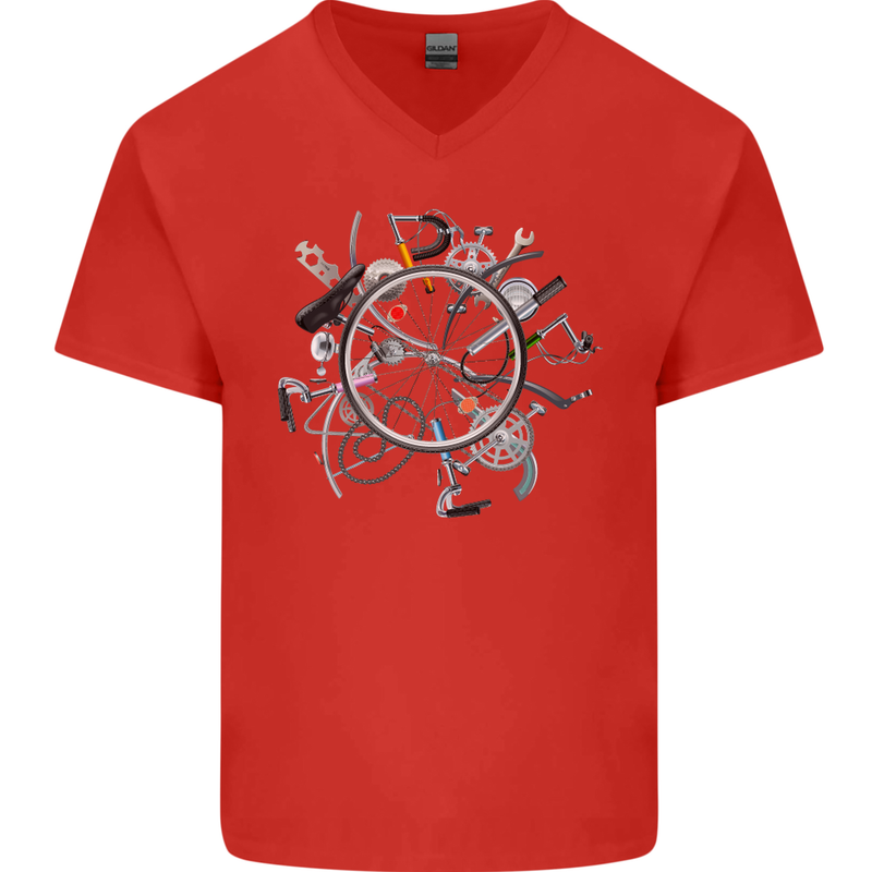 Bicycle Parts Cycling Cyclist Cycle Bicycle Mens V-Neck Cotton T-Shirt Red