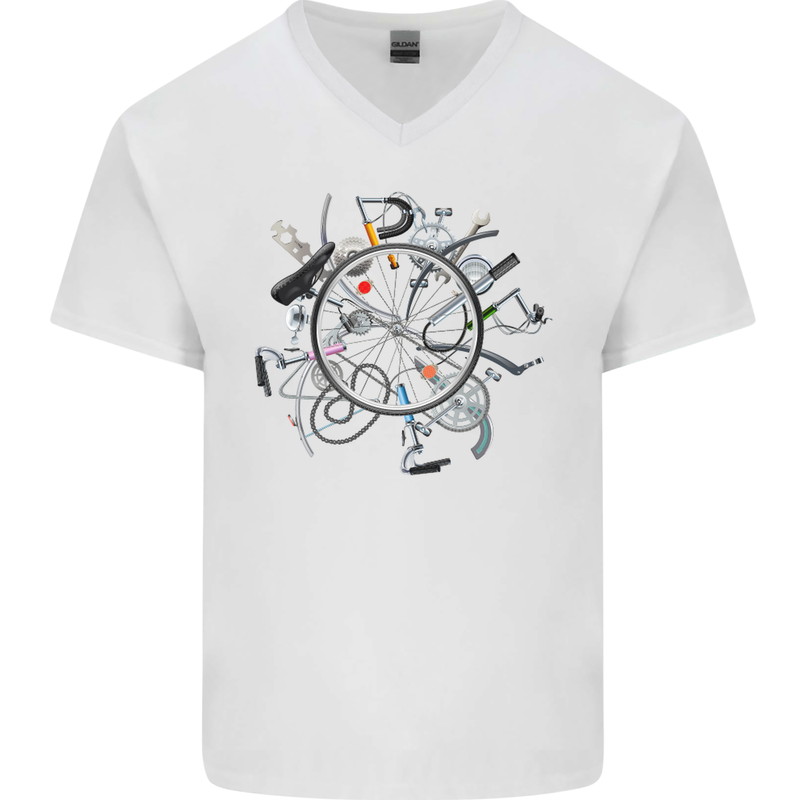 Bicycle Parts Cycling Cyclist Cycle Bicycle Mens V-Neck Cotton T-Shirt White