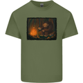 Bigfoot Camping and Cooking Marshmallows Mens Cotton T-Shirt Tee Top Military Green