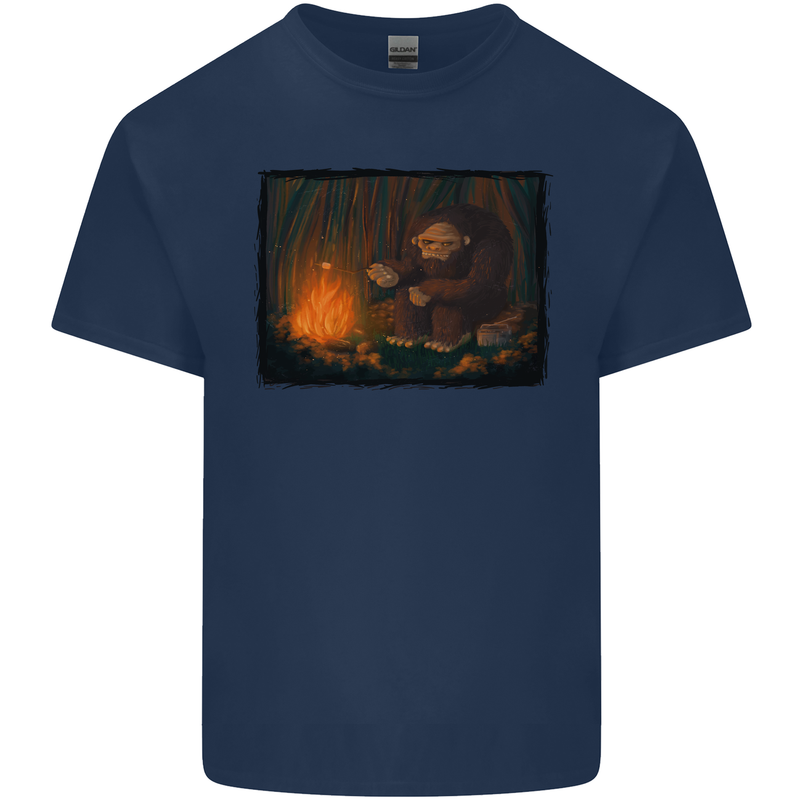 Bigfoot Camping and Cooking Marshmallows Mens Cotton T-Shirt Tee Top Navy Blue