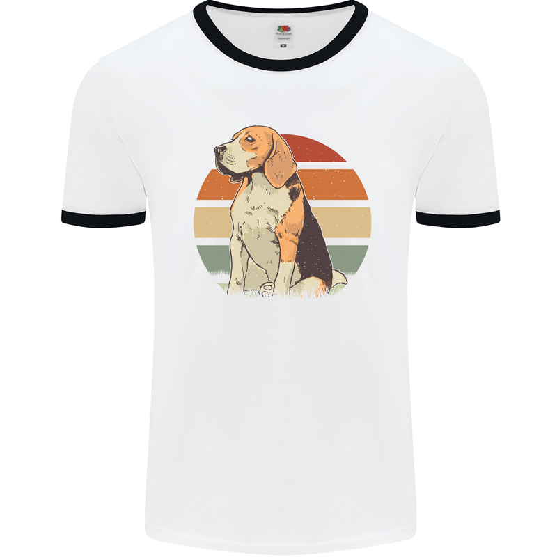 Dogs Beagle With a Retro Sunset Background Mens White Ringer T-Shirt White/Black