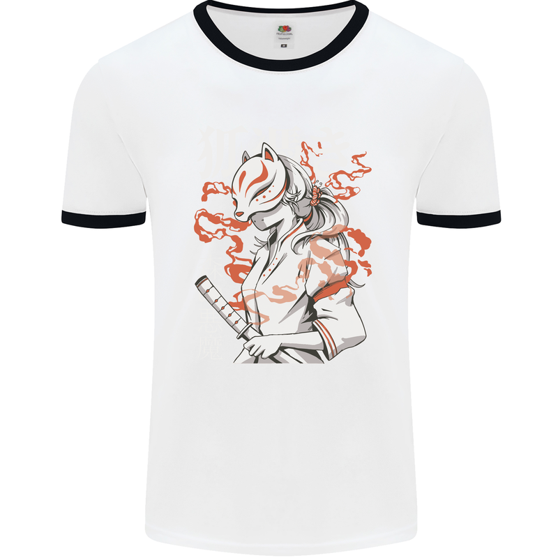 Japanese Kitsune Paranormal Fox Mens White Ringer T-Shirt White/Black