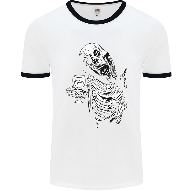 Zombie Cheer Skull Halloween Alcohol Beer Mens Ringer T-Shirt White/Black