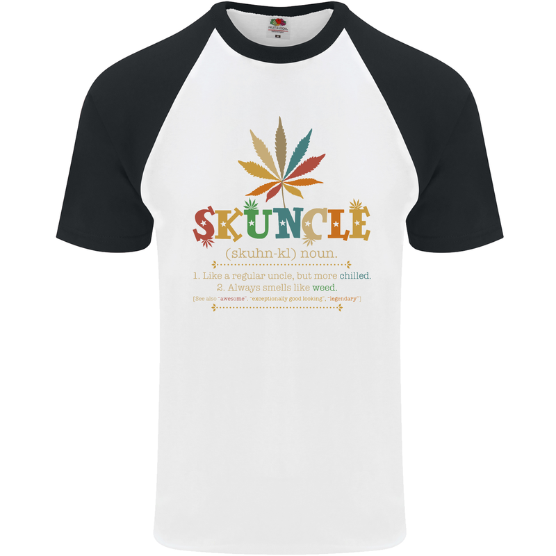 Skuncle Uncle That Smokes Weed Funny Drugs Mens S/S Baseball T-Shirt White/Black