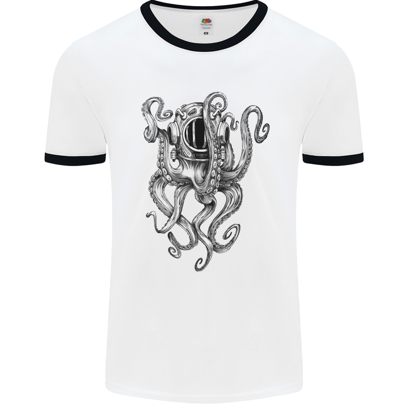 Scuba Diving Octopus Diver Mens White Ringer T-Shirt White/Black