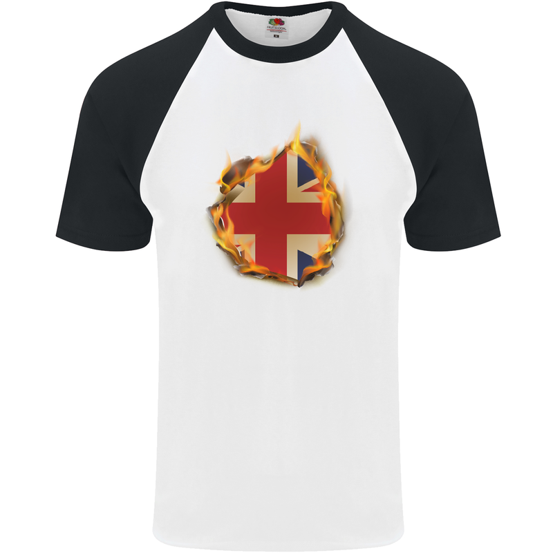 Union Jack Flag Fire Effect Great Britain Mens S/S Baseball T-Shirt White/Black