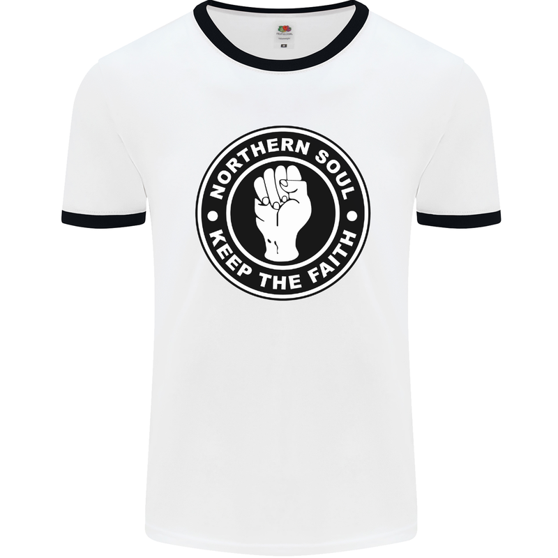 Northern Soul Keeping the Faith Mens White Ringer T-Shirt White/Black