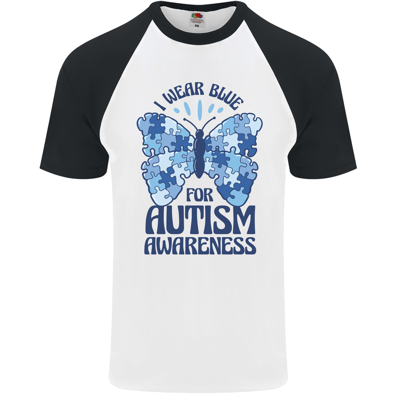 I Wear Blue For Autism Butterfly Autistic Mens S/S Baseball T-Shirt White/Black
