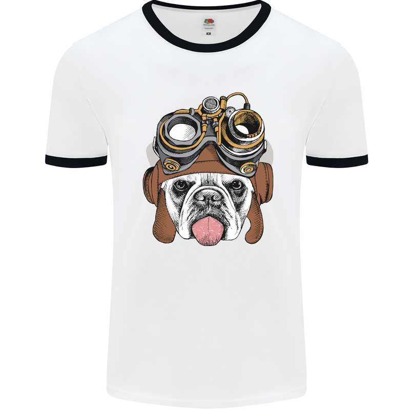 Steampunk Bulldog Mens White Ringer T-Shirt White/Black