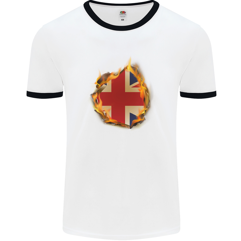 Union Jack Flag Fire Effect Great Britain Mens White Ringer T-Shirt White/Black