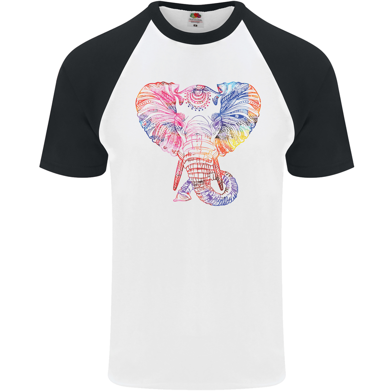 Mandala Art Elephant Contemporary Mens S/S Baseball T-Shirt White/Black