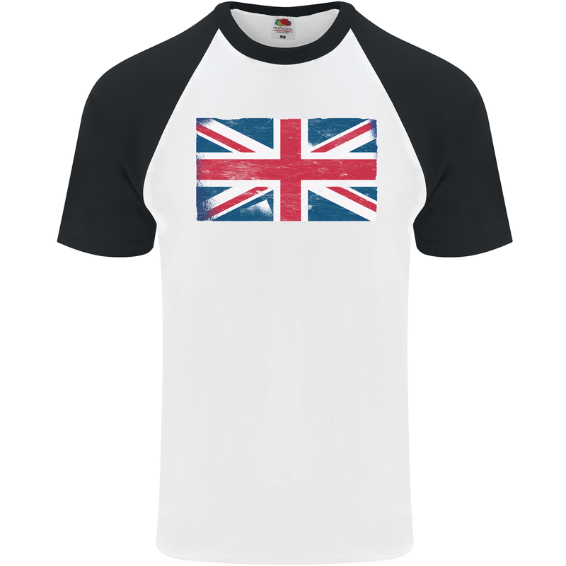 Distressed Union Jack Flag Great Britain Mens S/S Baseball T-Shirt White/Black