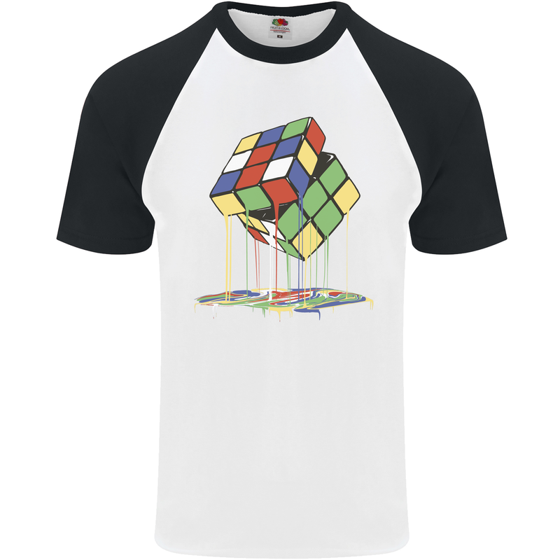 Dripping Rubik Cube Funny Puzzle Mens S/S Baseball T-Shirt White/Black
