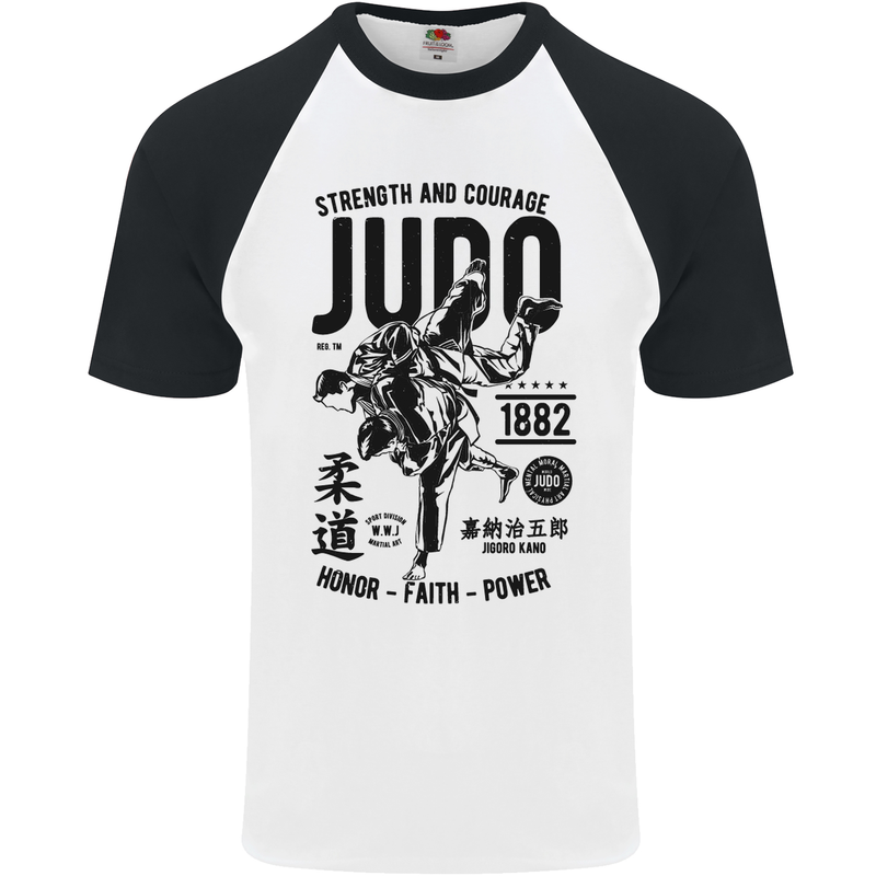 Judo Strength and Courage Martial Arts MMA Mens S/S Baseball T-Shirt White/Black