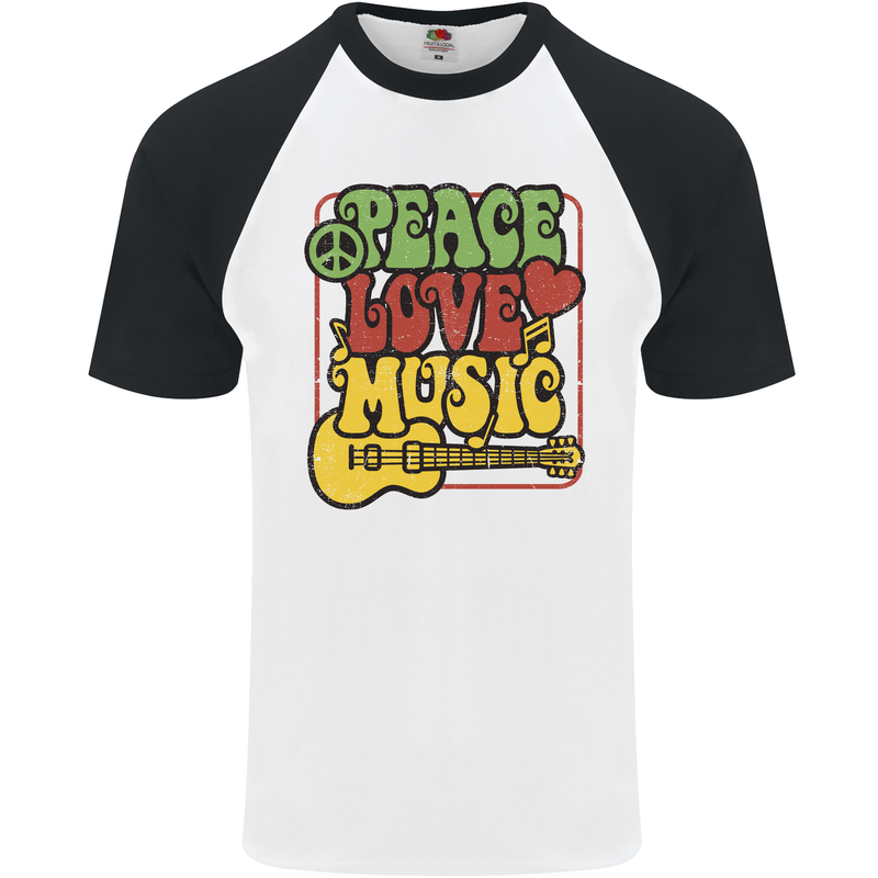 Peace Love Music Guitar Hippy Flower Power Mens S/S Baseball T-Shirt White/Black