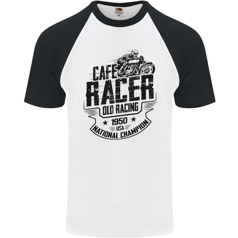 Cafe Racer Old Racing Motorcycle Biker Mens S/S Baseball T-Shirt White/Black