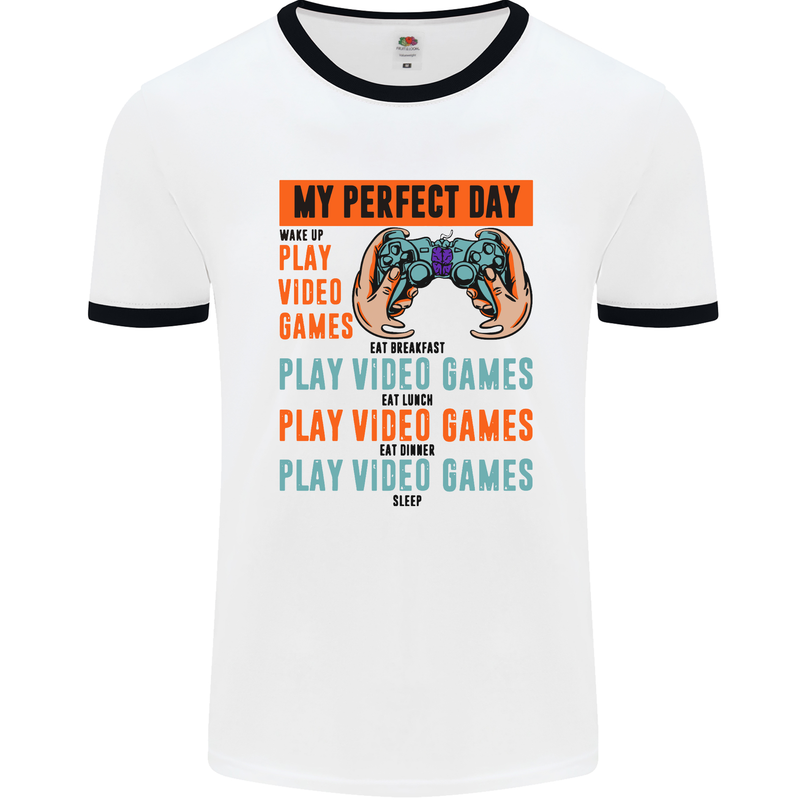My Perfect Day Video Games Gaming Gamer Mens White Ringer T-Shirt White/Black
