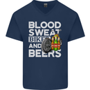 Blood Sweat Bikes & Beer Funny Motorcycle Mens V-Neck Cotton T-Shirt Navy Blue