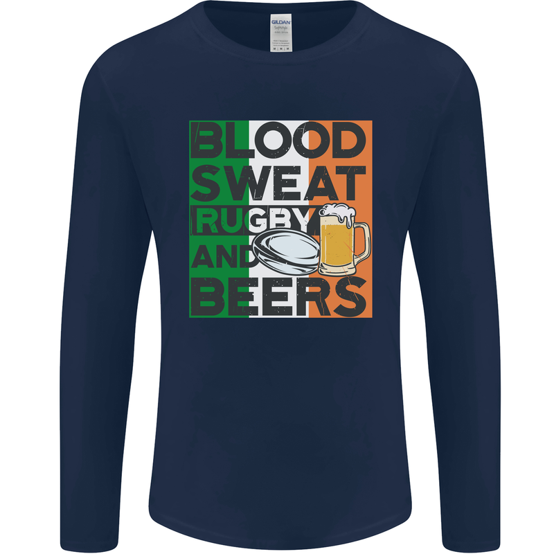 Blood Sweat Rugby and Beers Ireland Funny Mens Long Sleeve T-Shirt Navy Blue