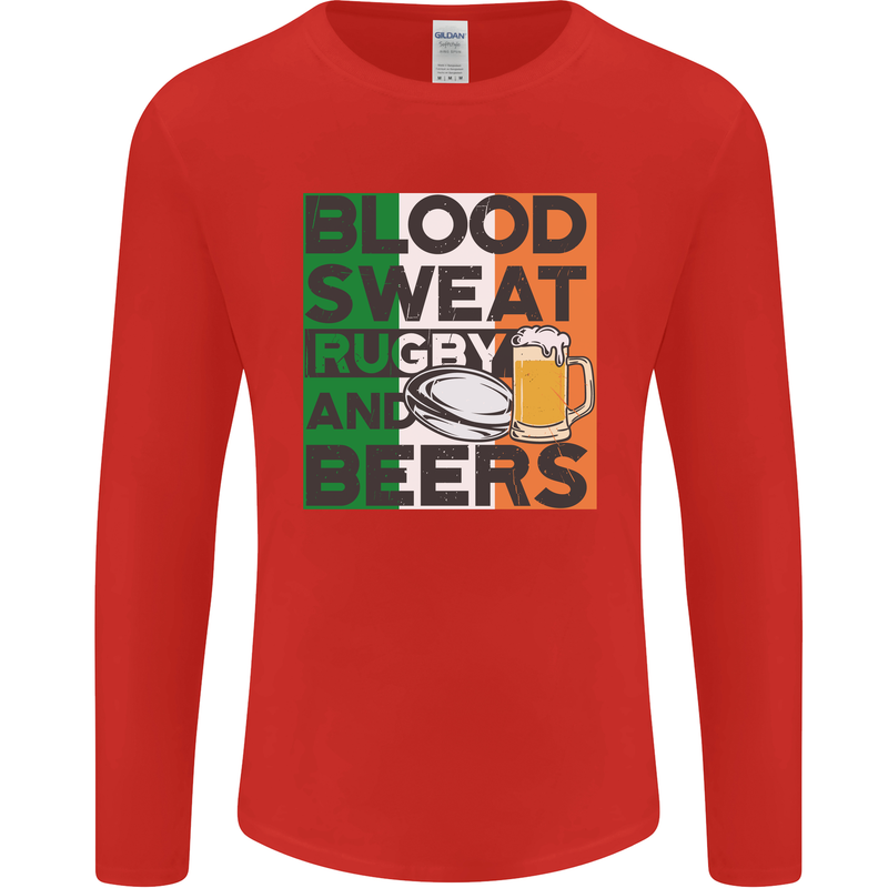 Blood Sweat Rugby and Beers Ireland Funny Mens Long Sleeve T-Shirt Red
