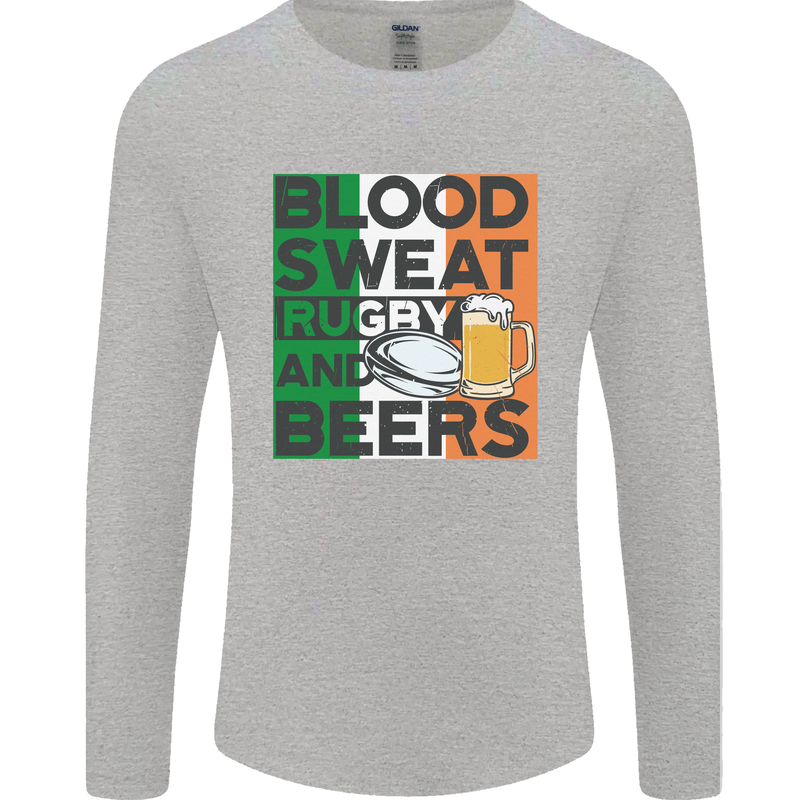 Blood Sweat Rugby and Beers Ireland Funny Mens Long Sleeve T-Shirt Sports Grey