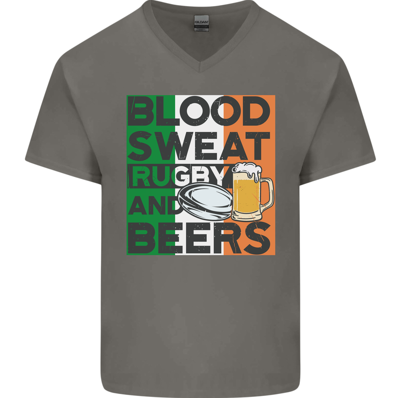 Blood Sweat Rugby and Beers Ireland Funny Mens V-Neck Cotton T-Shirt Charcoal