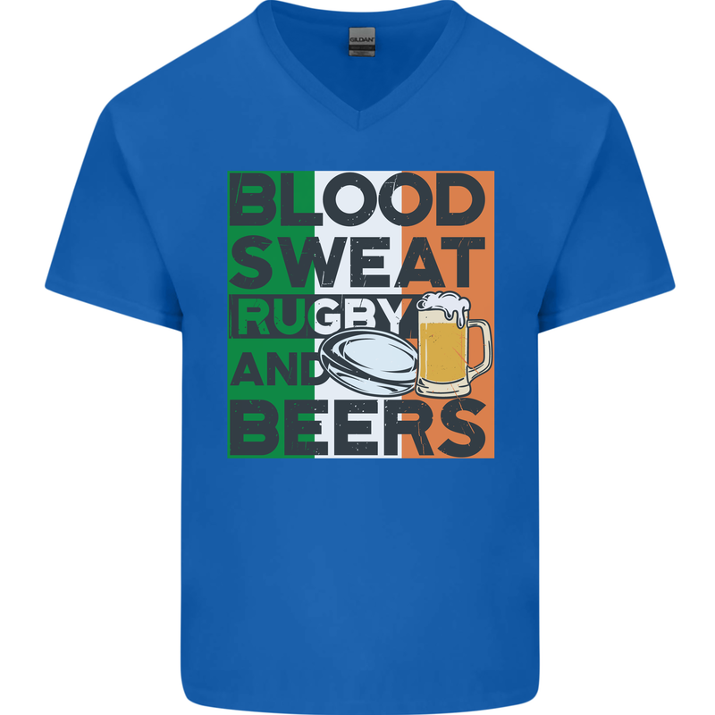 Blood Sweat Rugby and Beers Ireland Funny Mens V-Neck Cotton T-Shirt Royal Blue