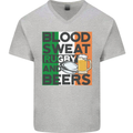 Blood Sweat Rugby and Beers Ireland Funny Mens V-Neck Cotton T-Shirt Sports Grey