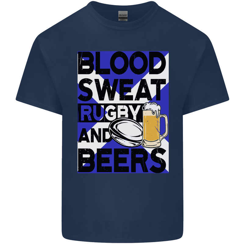 Blood Sweat Rugby and Beers Scotland Funny Mens Cotton T-Shirt Tee Top Navy Blue