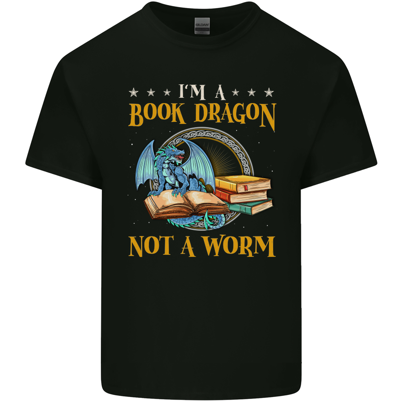Book Dragon Funny Booklover Reader Worm Mens Cotton T-Shirt Tee Top Black
